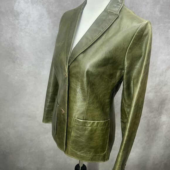 Vintage Gap Jacket Womens S Army Green Leather Blazer Distressed Retro Y2K 90s - Picture 8 of 13